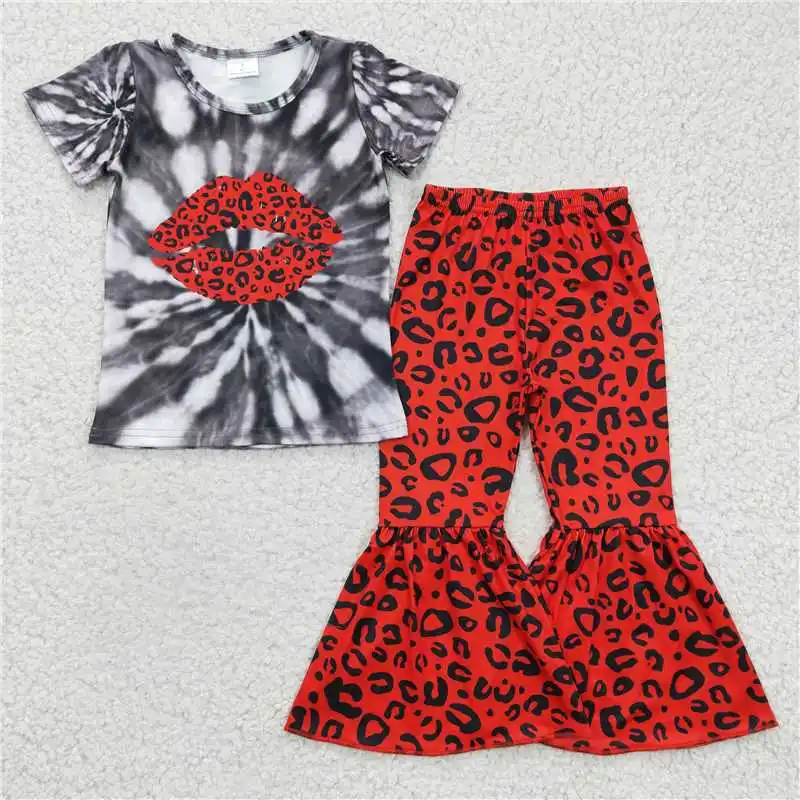 Kids Valentine's Day Clothes Short Sleeve Top With Bell Bottom Pants Set Heart Print Baby Girls Boutique Outfits