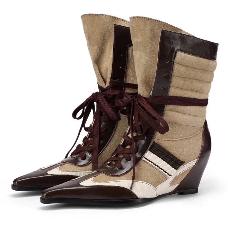 

Ботильоны в стиле пэчворк на танкетке с перекрестным ремешком, сексуальные современные ботинки с острым носком, смешанные цвета, Новое поступление, осенне-зимние ботинки