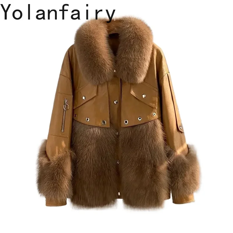 YOLANFAIRY Winter Short Genuine Leather and Fur Coat Women Natural Sheepskin Jacket Women's Fox Fur Loose Fashion Fur Clothing