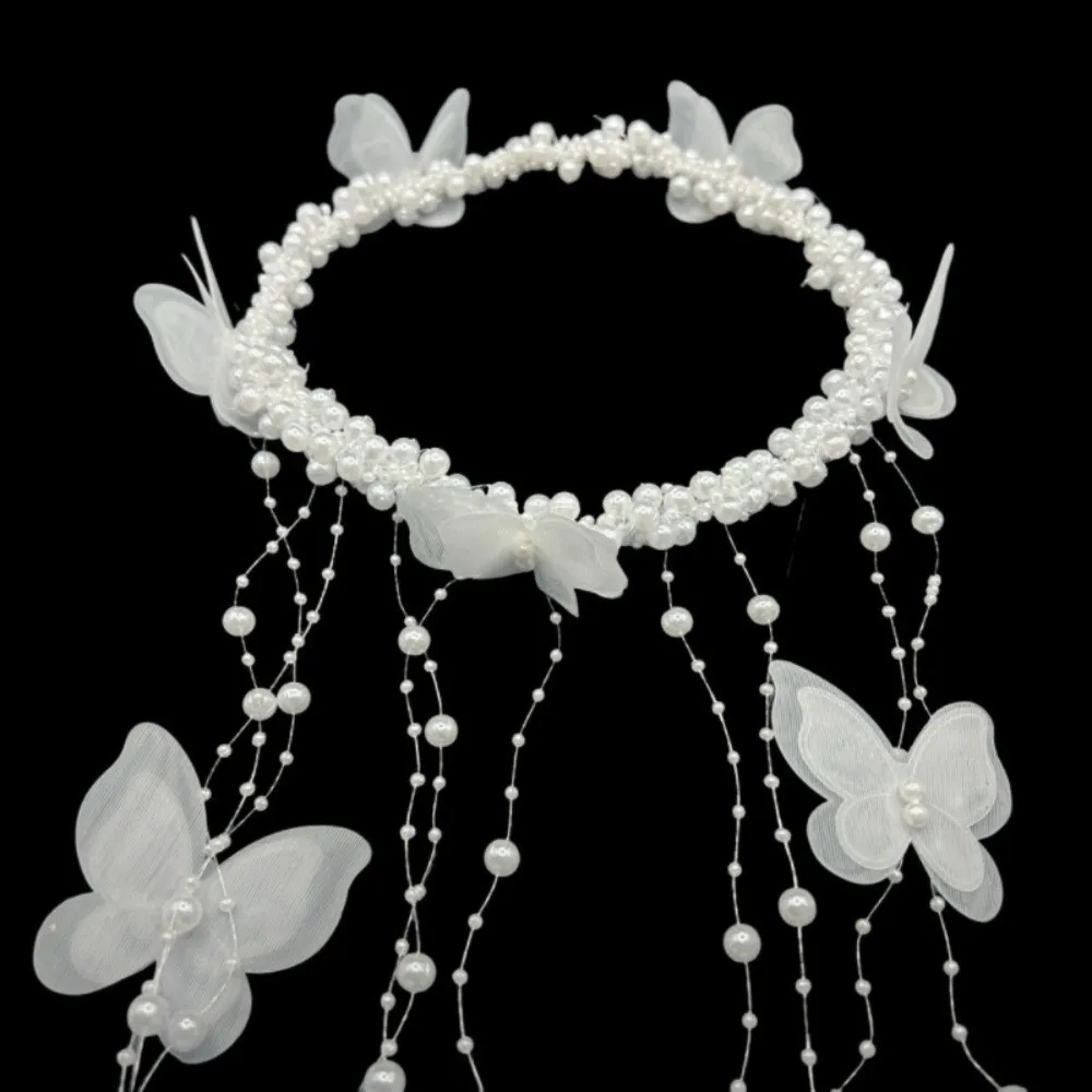 New Style Long Pearl Headband Vintage Tassel Butterfly Headdress Boho Handmade Bridal Hairpiece Prom