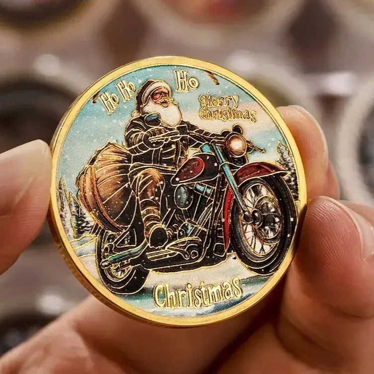Ho Ho Ho Golden Plated Santa Claus on Motorcycle Delivering Gifts Collectible Coins Creative Christmas Coins Special Gifts