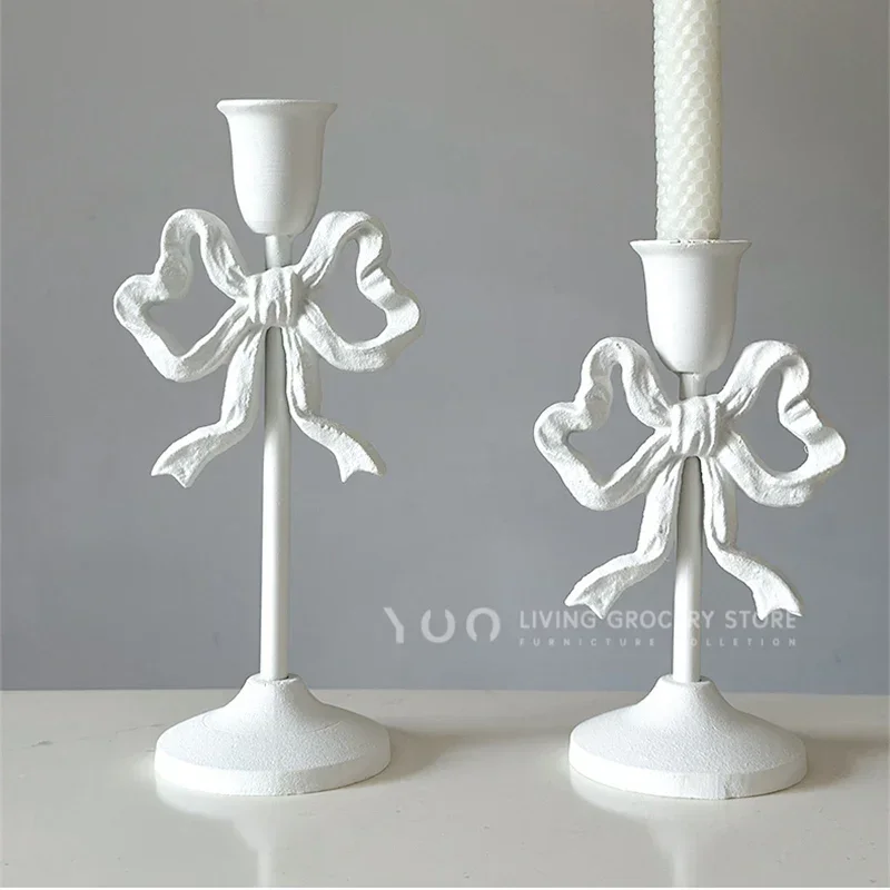 yesRetro Pink Bowknot Candlestick Cast Iron Single Head Wax Holder White Classical  Candle Holder Ornaments Diningtable Decor