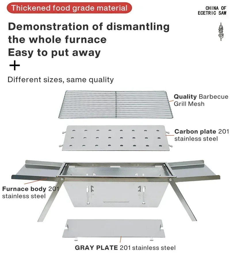 Edelstahl-Grill für Draußen, Faltbarer Holzkohlegrill, Kompakter Klappgrill für den Haushalt, BBQ-Spießgrill – Detail 7