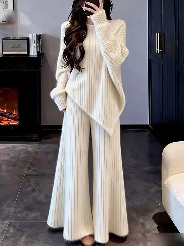 Ladies Soft Cozy Sweater High Waist Wide Leg Pants Two Piece Set Fashionable Lazy Style Winter New Arrival High End Feeling