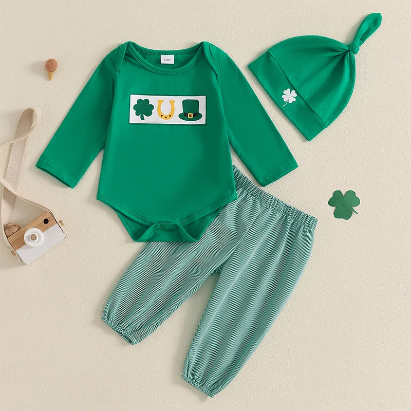 St Patrick s Day Baby Boy Outfit Shamrock Print Rompers with Matching Pants and Hat 3 Piece Set for Irish Celebration