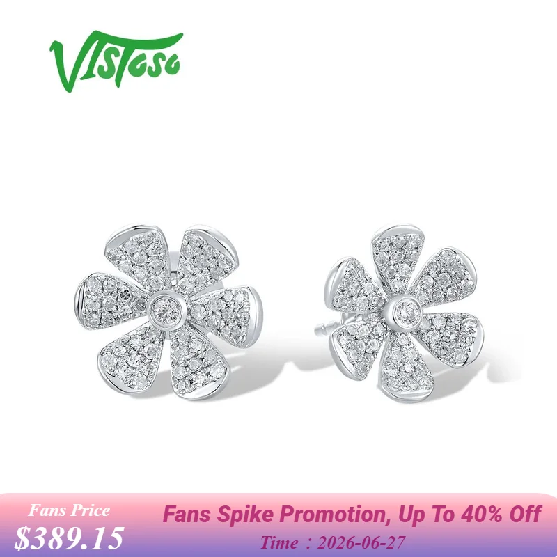 

VISTOSO Authentic 14K 585 White Gold Stud Earrings For Women Sparkling Diamonds Fancy Flower Daily Wearing Elegant Fine Jewelry