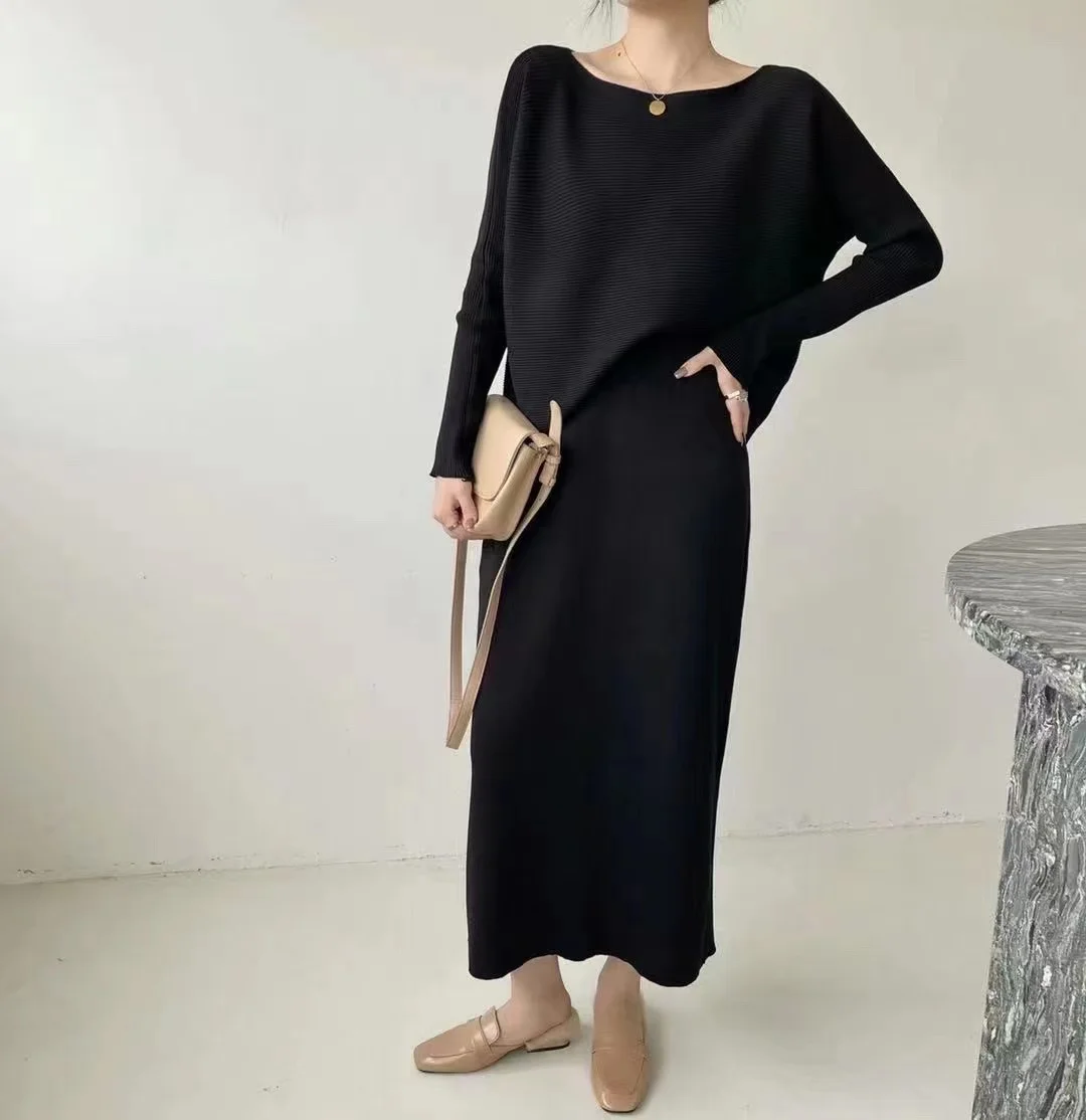 New Autumn Korean Fashion Knitted Two Piece Set for Women Casual Loose Cardigan Sweater + Split Midi Skirt Sets Elegant Suits