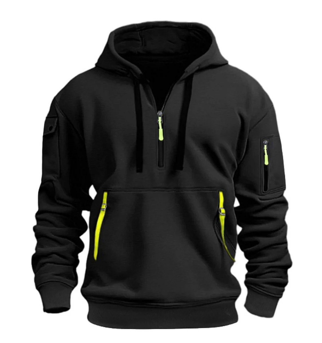 Casual hooded half zip hoodie features ribbon and multi pocket top