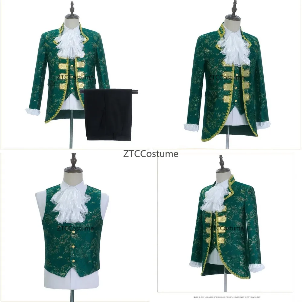 

Cosplay Mens Green Jacquard Brocade Elegant Court Suit Prince Charming Performance Jacket Vest Pants Set with Leader Flower