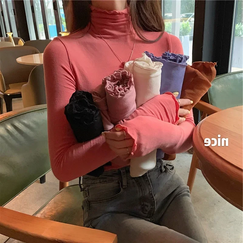 Spring Autumn Turtleneck T-shirt Women All-Match Top Shirt Soft Comfortable Inner Top Casual Long Sleeve T-shirt Office Wear