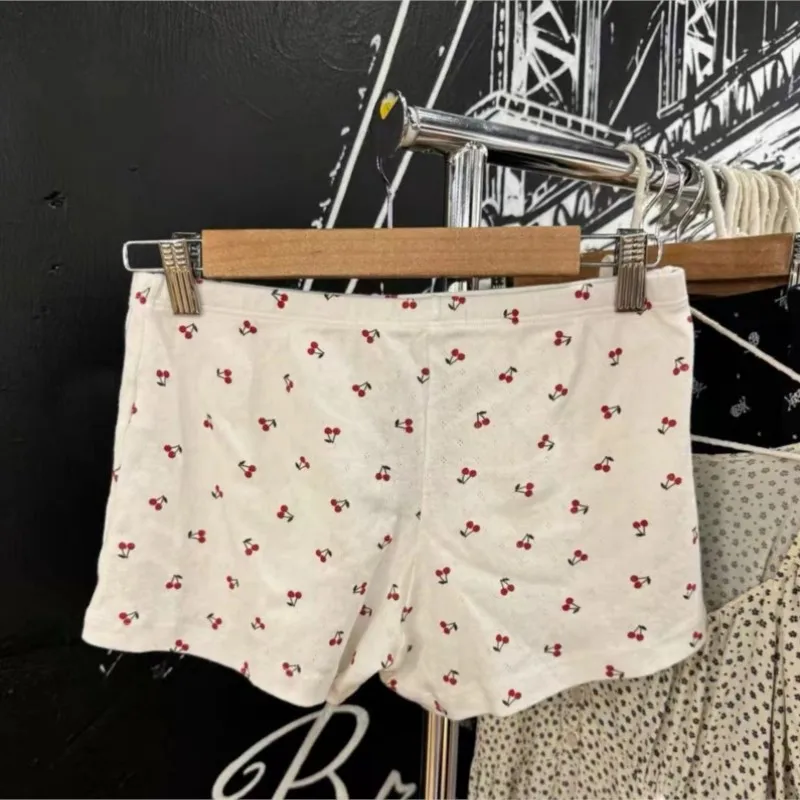 Evelet Red Cherry Print Sweet Shorts Trouser Cotton Elastic Waist Tight Chic Women Shorts Casual Summer Homewear Pant 2024 New