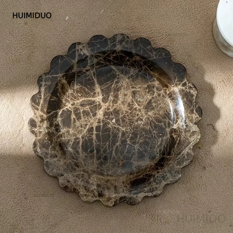 Natural Marble Travertine Serving Tray Luxury Stone Jewelry Plate Scalloped Edge Square Display Tray Home Decoration