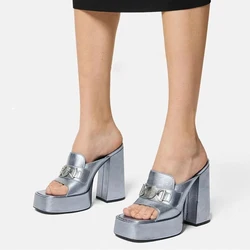 Metal Decor Women Thick Platform Sandals Square Open Toe High Chunky Heels Custom Colors Slip On Shoes