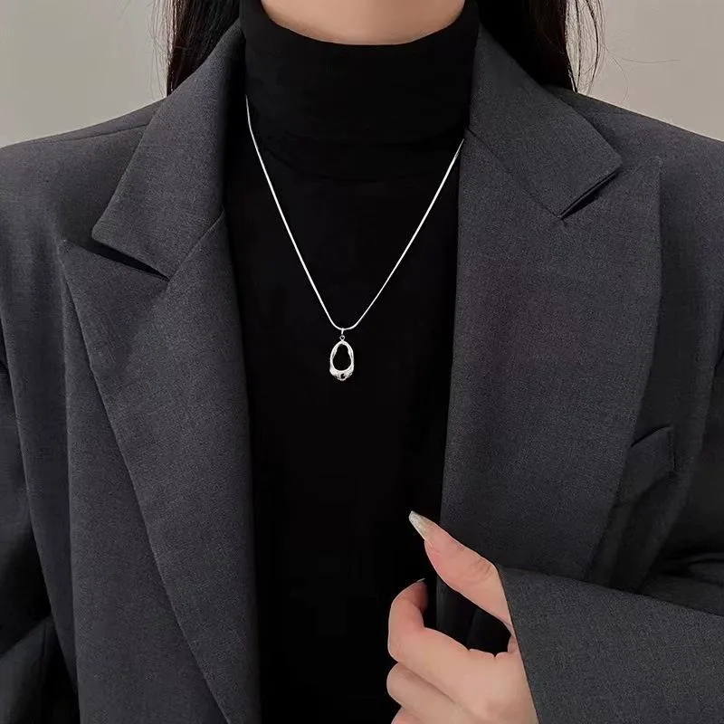 Minimalist Abstract Pendant Necklace Silver Snake Chain Irregular Hollow Style Elliptical Geometry Daily Women's Jewelry Gift
