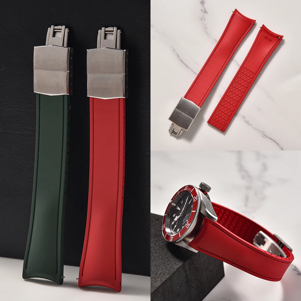 20mm 22mm EDLUGS Curved Rubber CTS Strap with Deployant Clasp Customisable FKM Rubber in Matte Finish Quick Release Watch Bands