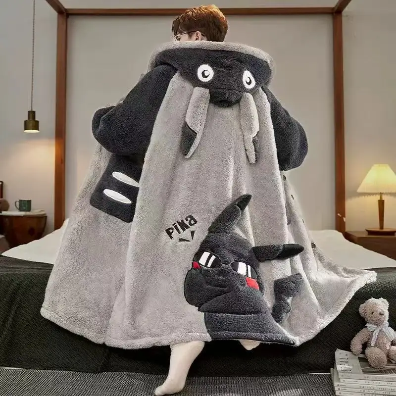 Gengar منامة دعوى أنيمي بوكيمون الشتاء المرجان الصوف ثوب النوم حجم كبير من سميكة الدافئة الكرتون الرجال مقنعين المنزل دعوى مجموعة #6