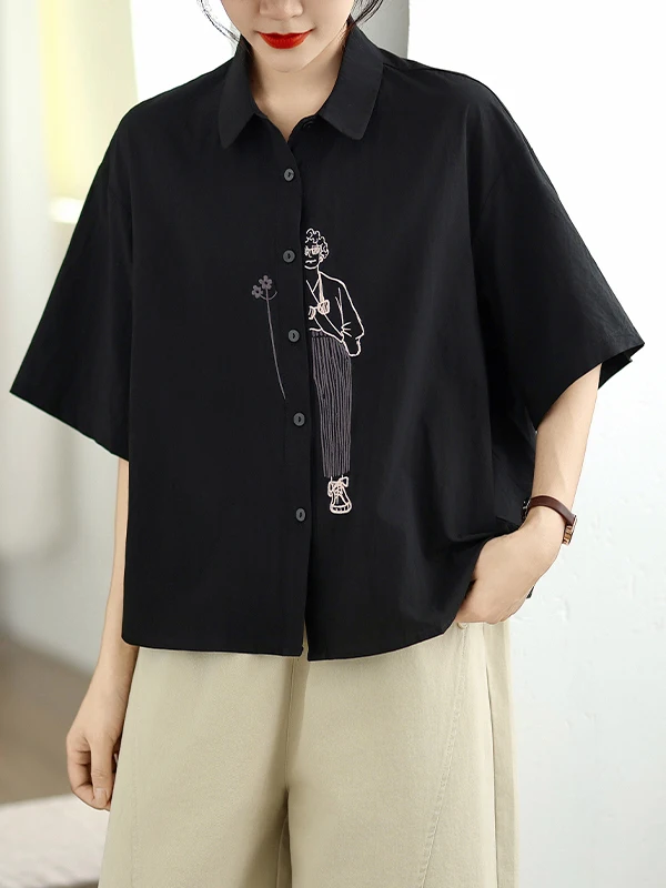 캐주얼 패션 플러스 사이즈 자수 코튼 여성 여름 한국 스타일 루즈핏 다용도 화이트 셔츠