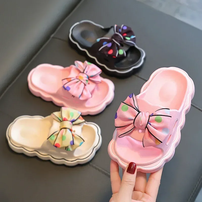 Children Summer Slippers Girls Fashion Bow Wear Resistant Open-toe Non-slip Casual Shoes Simple Kids Outdoor Platform Beach Shoe