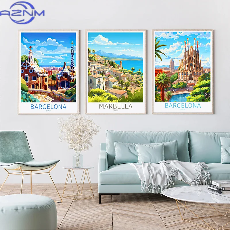Póster de viaje de España, París, Gran Canaria, Barcelona, ​​Madrid, Granada, paisaje, impresión en lienzo, pintura, arte de pared, imagen, decoración del hogar