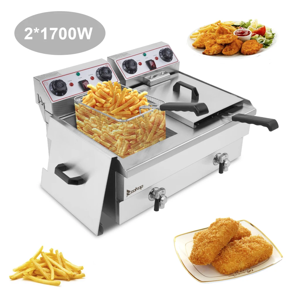 

EH102V Stainless Steel Double Tank Deep Fryer - 16.9QT / 16L Capacity, 24.9QT/23.6L Total - 3400W Max Power - Commercial
