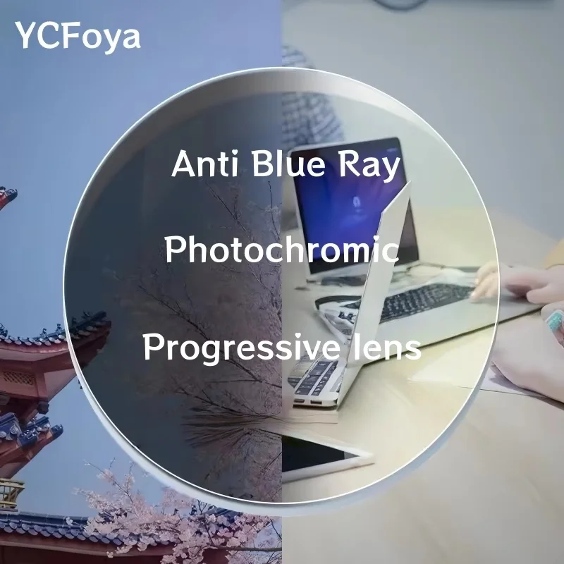 

YCFoya 1.56/1.61/1.67/174 Anti Blue Ray Photochromic UV Protection Wide Field of View Free-form Progressive Multifocal lenses