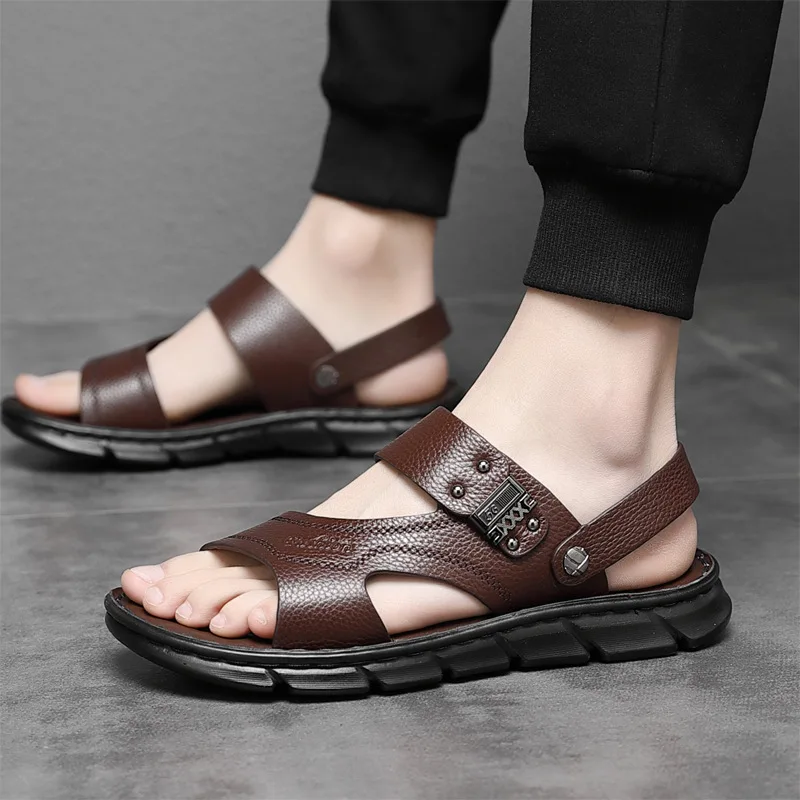 Summer cowhide sandals 2023 new driving wear non-slip dual-purpose sandals leather  platform sandals