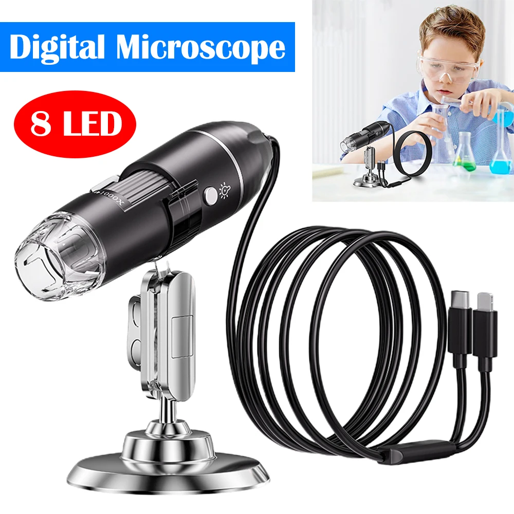 1600X Digital Microscope 8 LED Zoom Digital Microscope with Stand Optical Microscope for Jewelry Appraisal Video for IOS Android