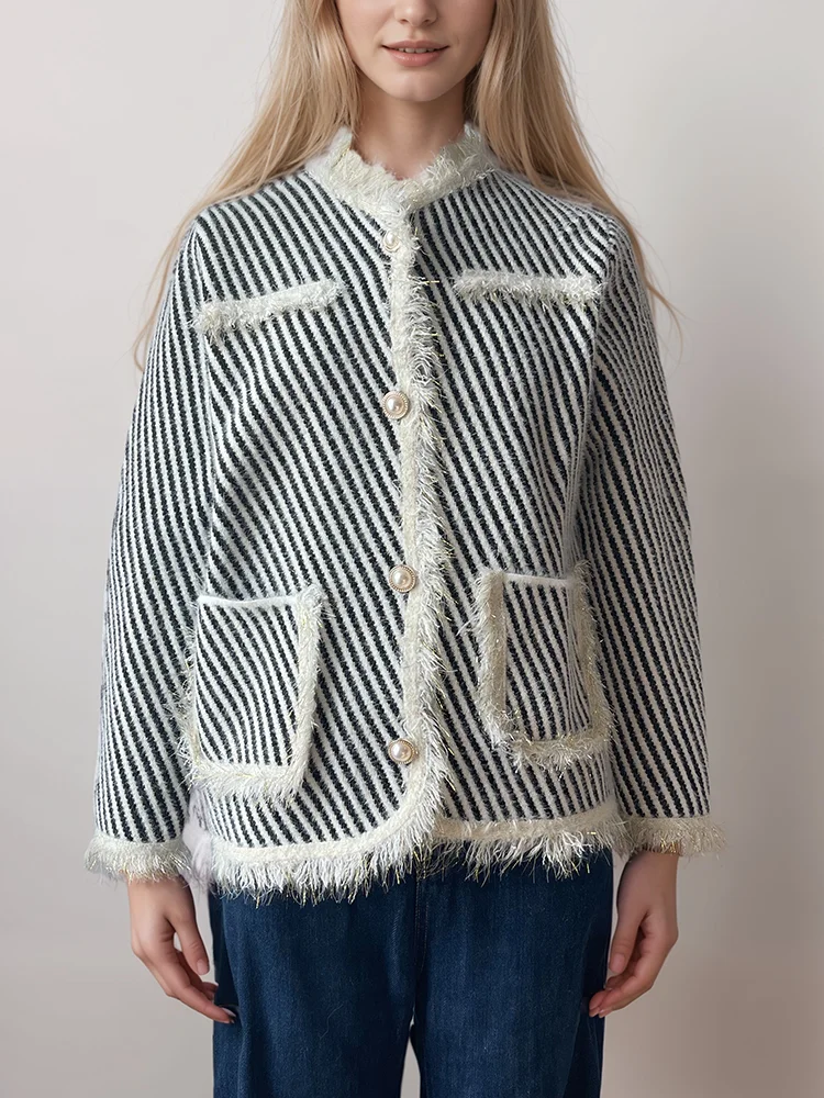 Frayed-Trim Chevron Cardigan French Style Contrast Color Knit Jacket 2 Pockets Sweater Coat Autmn/Winter Woman Clothing