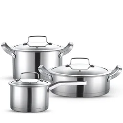 3pcs 430 Stainless Steel Pot Set Thickened Multilayer Bottom Milk Pot Soup Pot Frying Hot Pot Household Right-Angle Steamer
