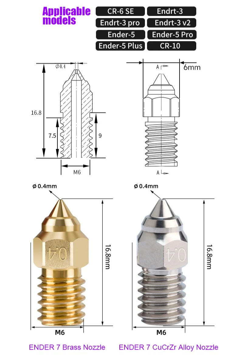For Creality Ender7/5/3V2 /CR-6 SE Volcano Nozzle - CuCrZr Alloy 500℃,  High Flow 600mm for Carbon Fiber,  Fast Printing Upgrade