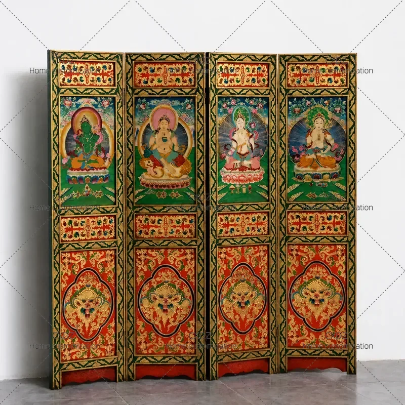 Modern New Chinese Style Folding Screen Antique Retro Solid Wood Partition Porch Seat with Painted Thangka Design for Home