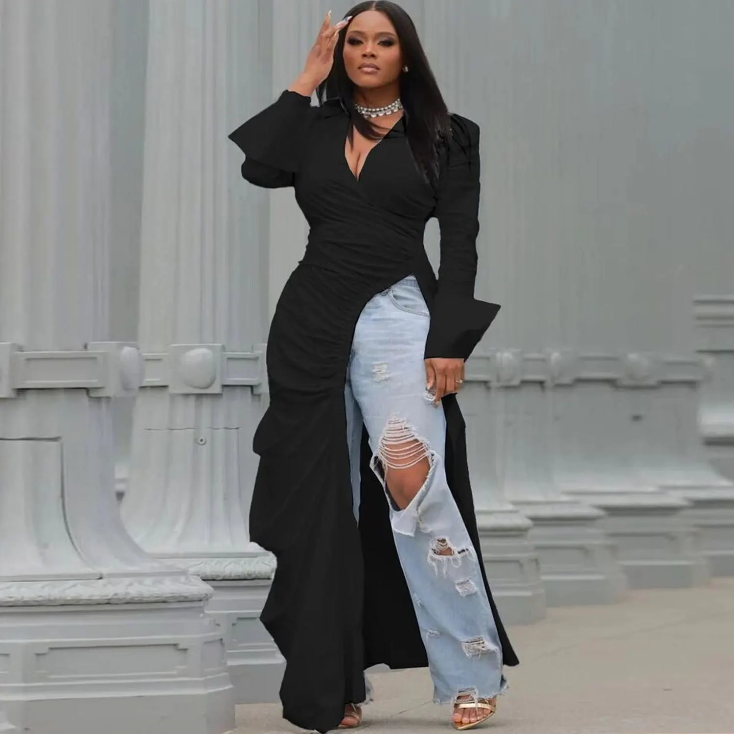 

Trendy Design Women's Dress Deep V-neck Side Slits Fashion Slim-fitting Pleated Party Nightclub High-waisted Shirt Dress