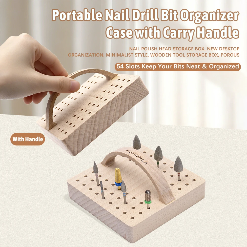 

54 Slots Wooden Nail Drill Bit Storage Holder With Handle Multifunction Nail Salon Grinding Head Display Stand Accessories