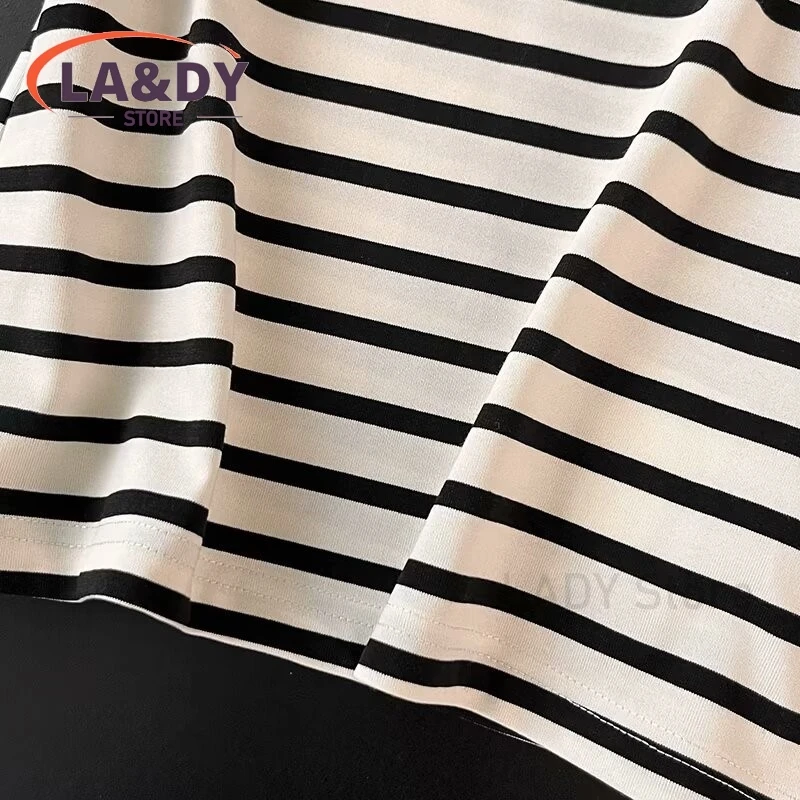 Short Sleeve T-Shirt Women 2024 Fashion Striped Round Neck Female Solid Color Casual Versatile High Quality Tees Tops