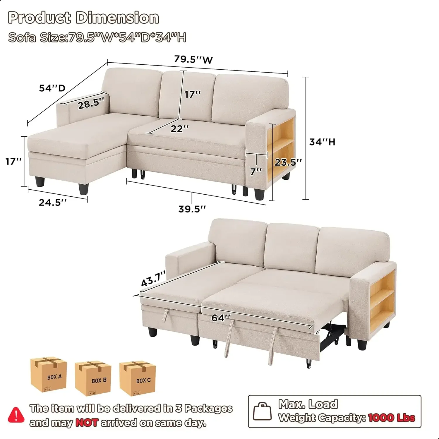 [مخزون محدود، اشتر الآن! ] أريكة سرير نوم مقاس 80 بوصة، أريكة مقطعية قابلة للتحويل على شكل حرف L مع كرسي تخزين، 2 أرفف كتب مدمجة