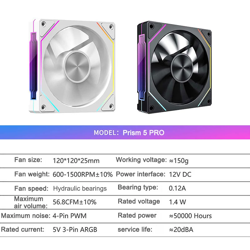 Power Train PRISM 5 Pro 120mm Case Fan 5V 3PIN ARGB Quiet Cooling Fan with Axis CD Pattern Design Compatible with AURA SYNC