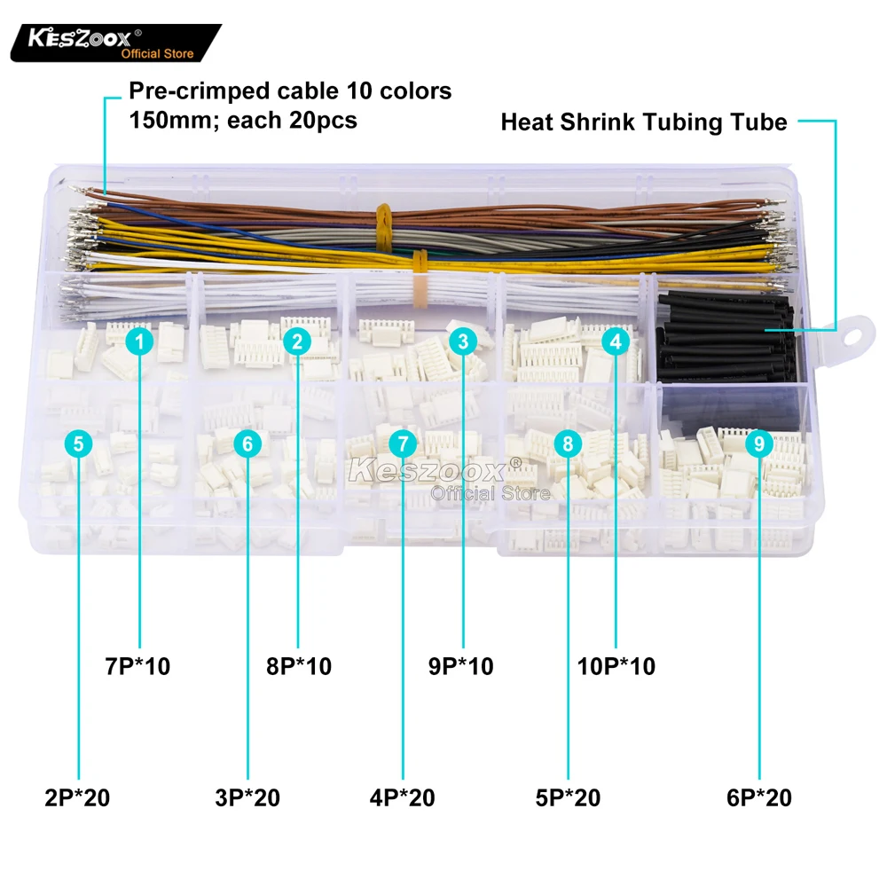 Keszoox JST 1.25mm GH 1.25 Connector Kit 2-10P with 28AWG Crimped Terminal Wire