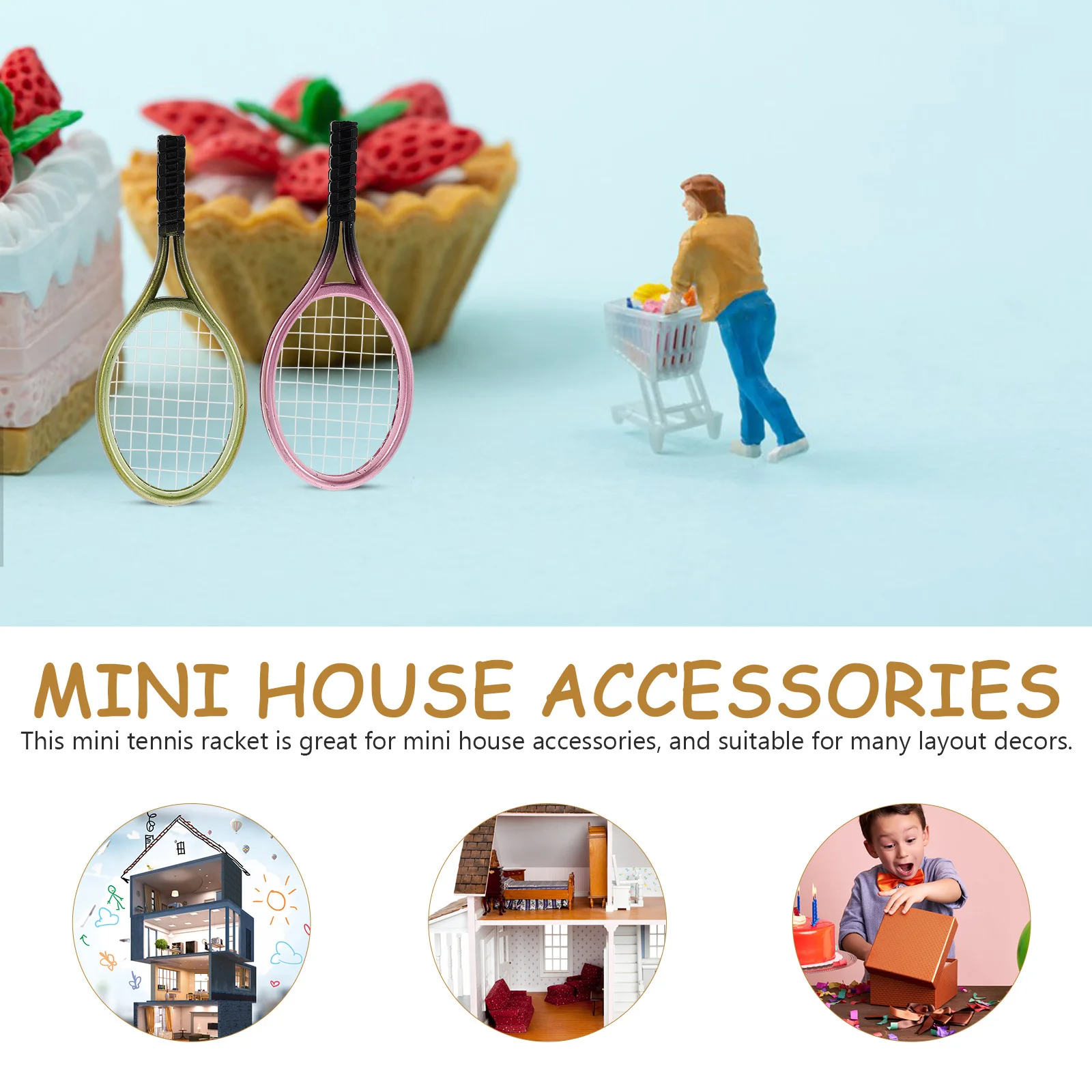 3er-Set Mini-Tennisschläger-Schlüsselanhänger, Miniaturmodell, Schläger, Bälle, Kunststoff, Dekor, Schlafzimmer, Küche, Wohnzimmer, Foto-Requisiten, Spielzeug