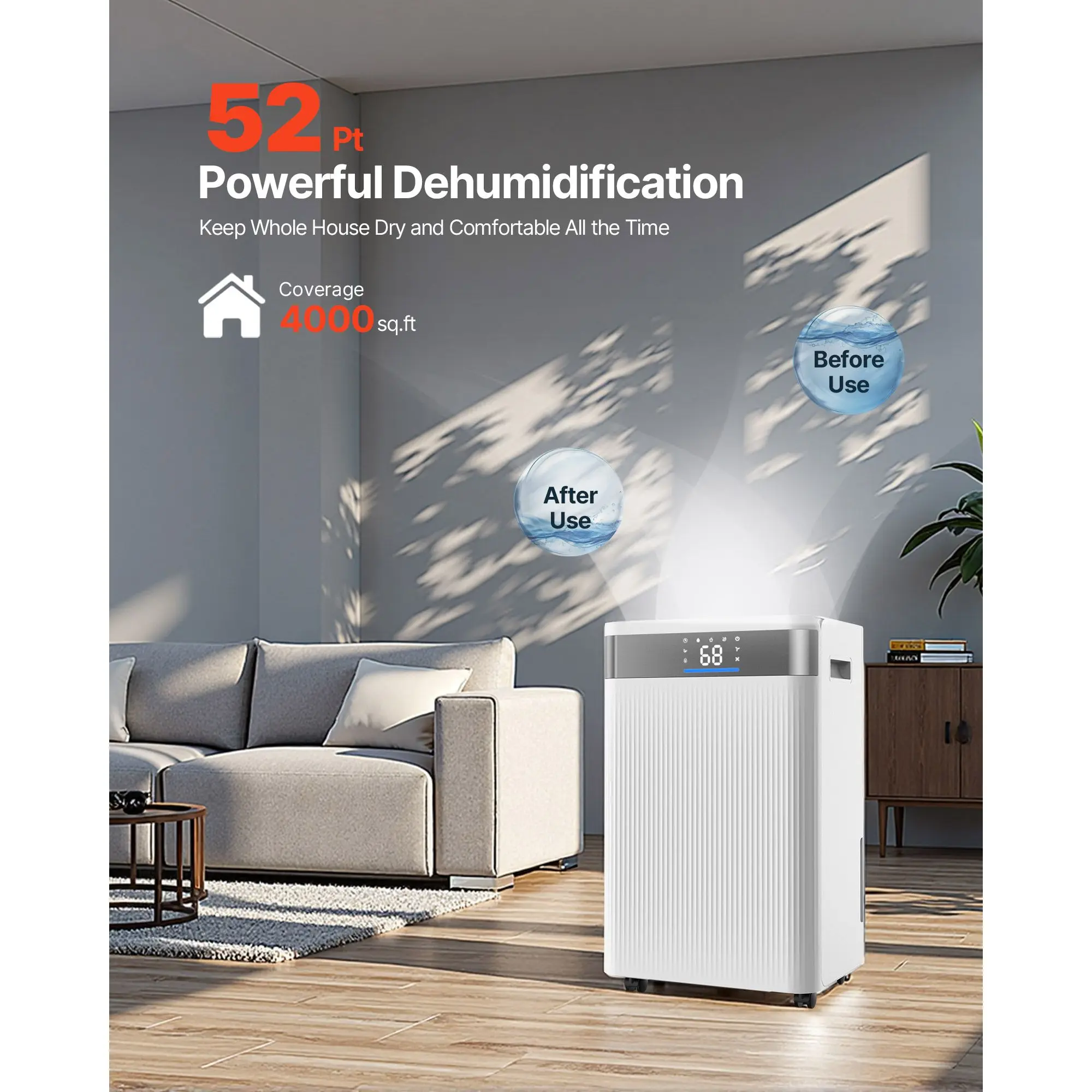 52 Pints Dehumidifier for Home & Basement, Drain Hose for Commercial & Industrial Use, Smart Humidity Control, Low Noise for Large Rooms, Warehouses, Bedrooms & Storage, Large Coverage,White