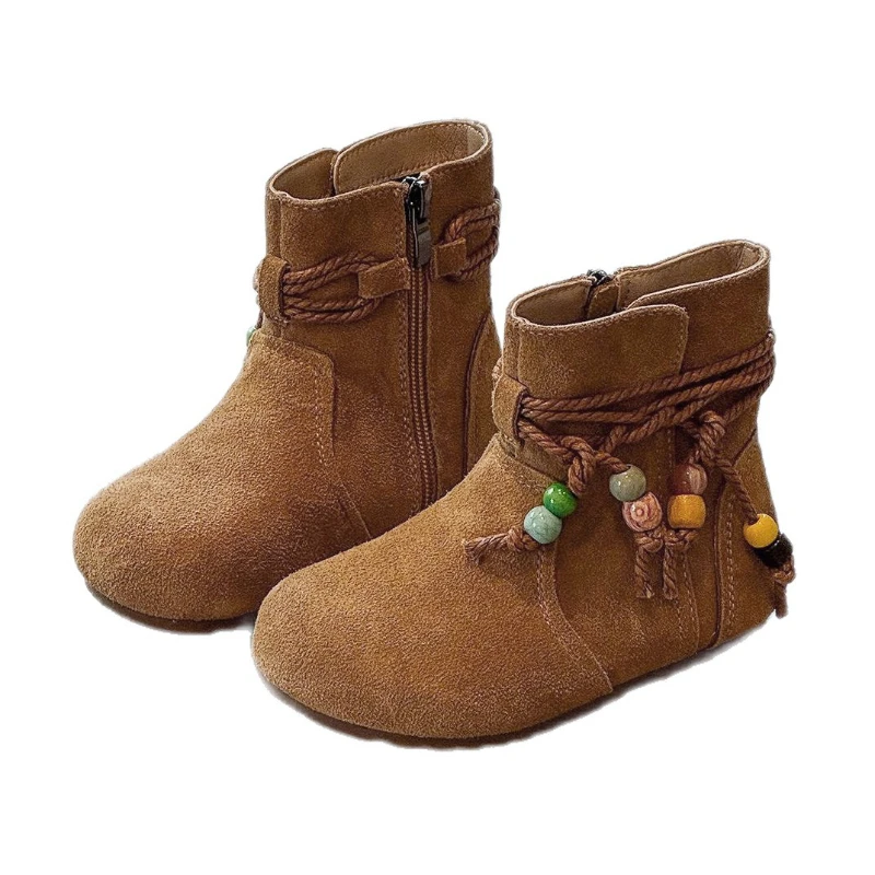 

Winter New Children's Girls Retro Stylish Beaded Ethnic Style Short Boots Kids Toddlers Princess Fashion Leather Boots