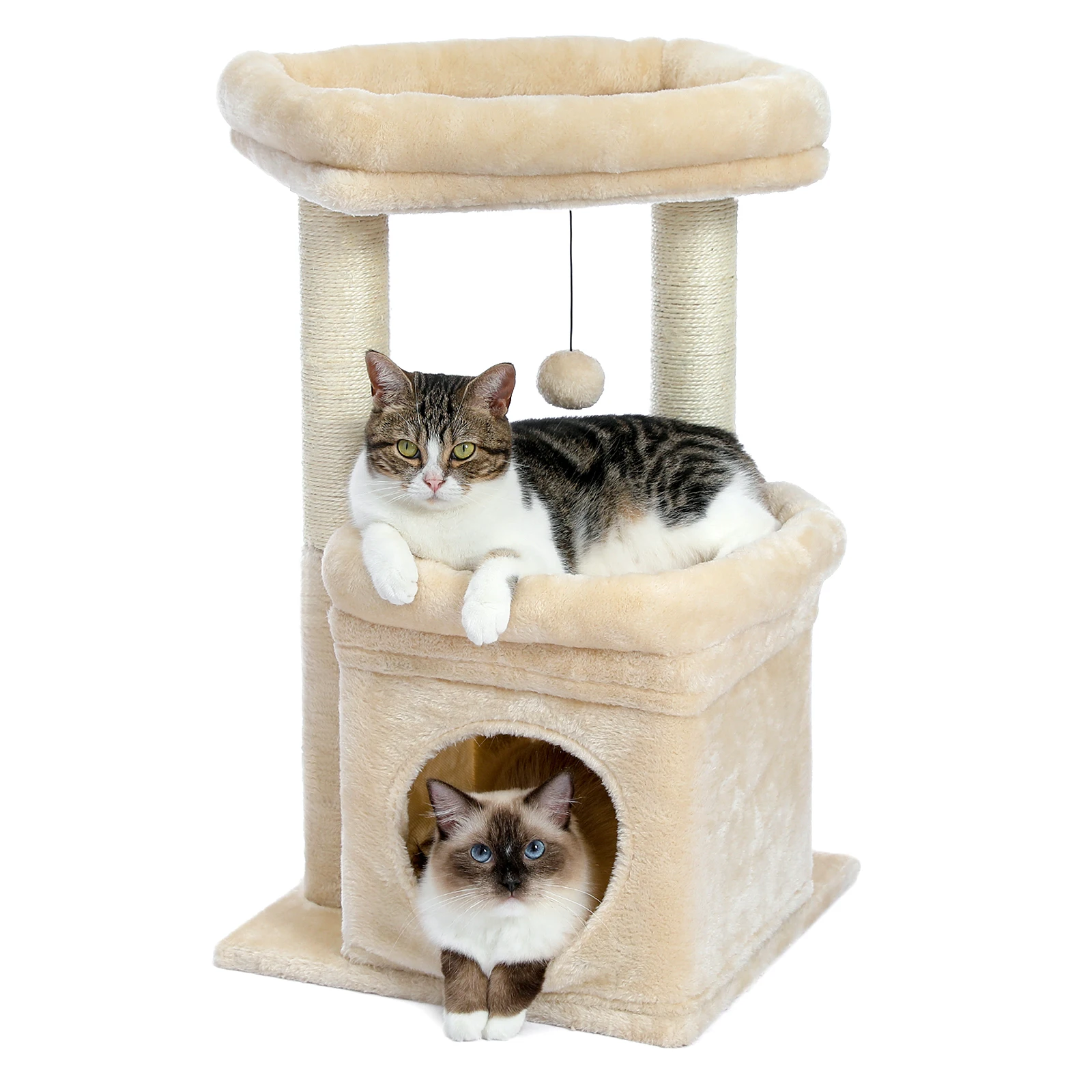 Cat Tree Tower for Indoor Cats with Private Cozy Cat Condo Natural Sisal Scratching Posts and Plush Pom-pom for Small Cats