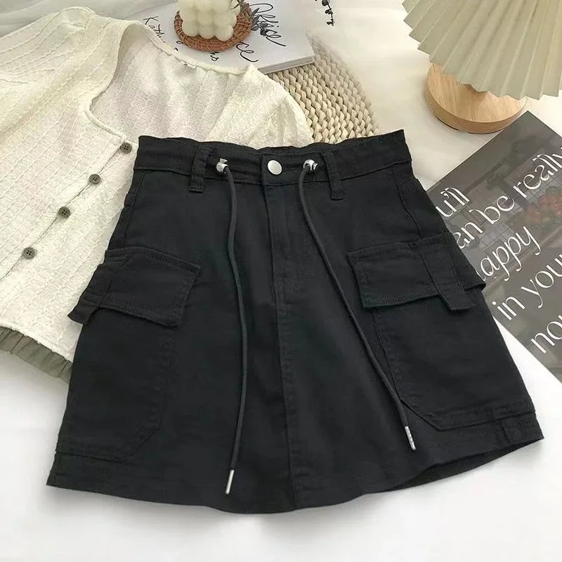 Oversize Pockets Lace-Up Vintage Denim Skirt Summer Loose Casual Solid Mini Skirts Spring Korean Fashion Faldas Women Clothes