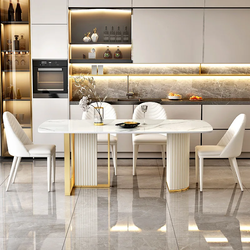 

Высококачественный современный 6-стулья, белый обеденный стол и стулья, набор мебели из спеченного камня, кухонный обеденный стол и стулья