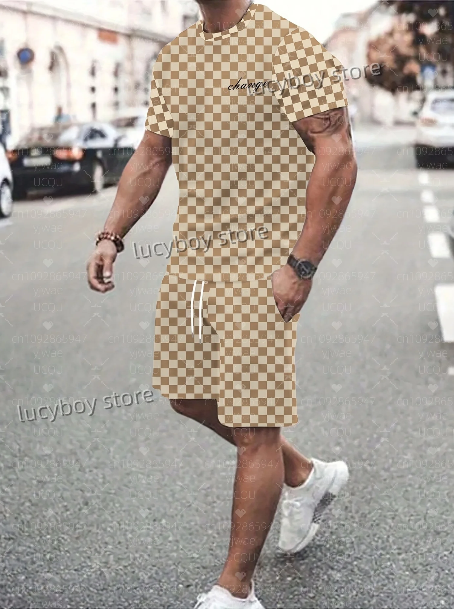 

Summer Men 3D checkerboard Print Set Short Sleeve T-Shirt Shorts Set Adult Sport Jogging Plus Size Tracksuit 2 Piece Set