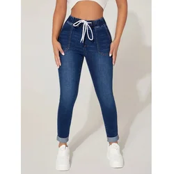 Jeans com cordão feminino, elástico na cintura, cintura alta, comprimento total, calça lápis stretch