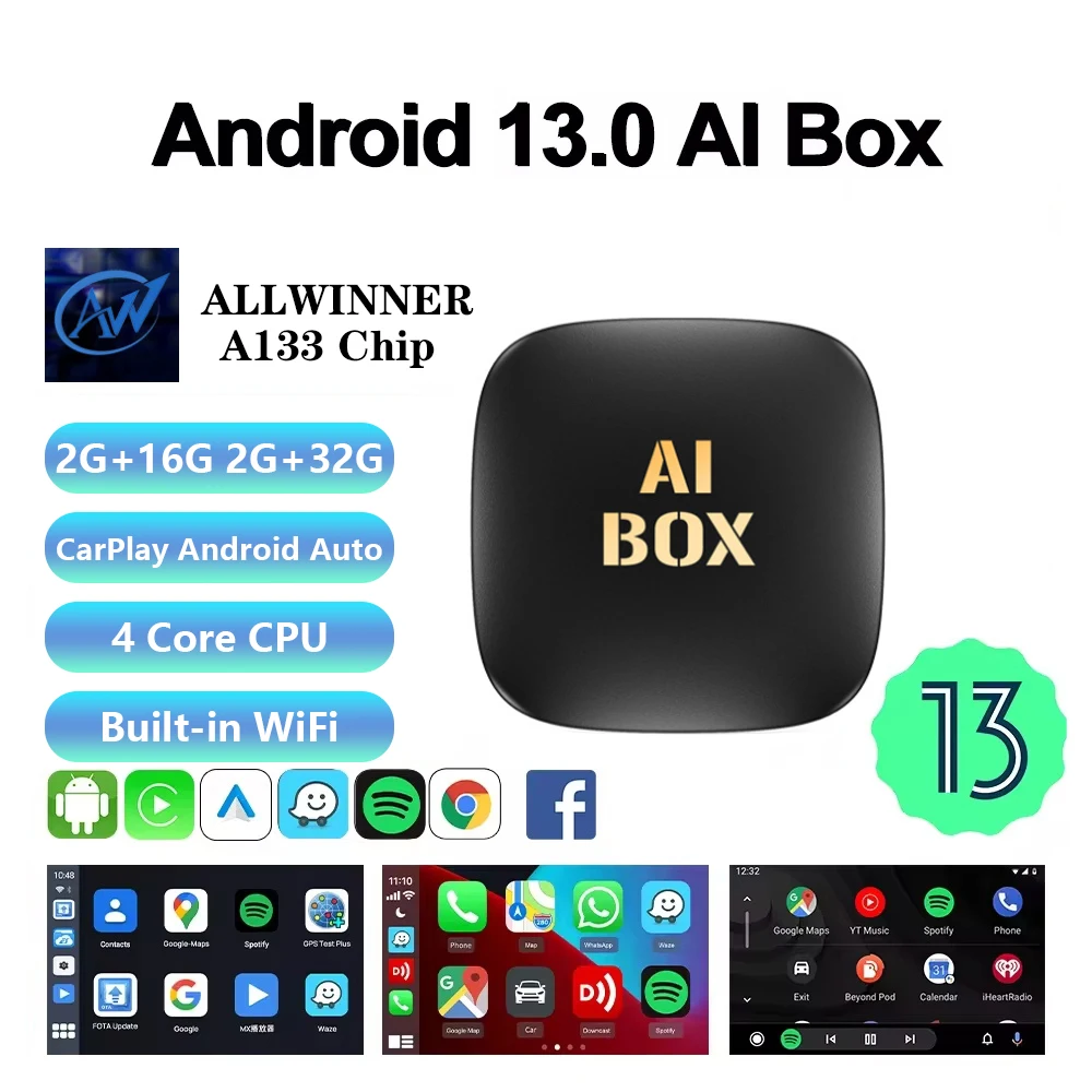 4-Cores Android Auto Wireless CarPlay Adapter Android 13.0 WiFi 2G+32G Smart Carplay Bulit-in Play Store for Youtube Netflix TK