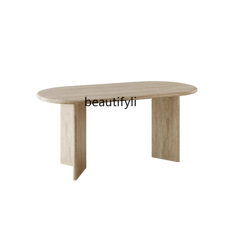 cc182Moderner einfacher ovaler Esstisch, Wohnzimmer, luxuriöser langer Steintisch für den Haushalt, hochwertiger Marmor aus Wabi-Sandy Travertin
