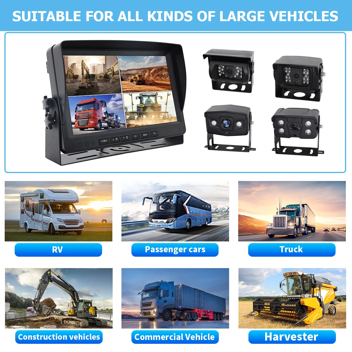 Picture 6: 7 Inch Car Screen 4ch Display Vehicle Screen Reversing Camera Kits Backup Camera for Truck Tractor Camera