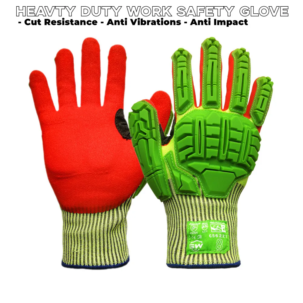 Heavy Duty Work Safety Glove, TPR Impact Resistance, Cut Resistance, Palm Pad Anti-vib, Hi-Viz Color, Abrasion, Grip Work Gear