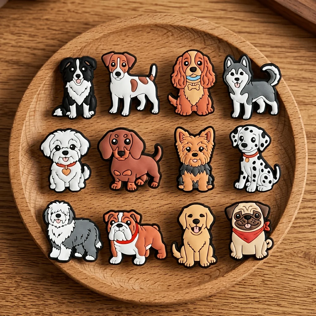 12pcs Cartoon Puppy Shoe Charms - Durable PVC Decor for Crocs, Flip-Flops & Wristbands - Holiday Gifts
